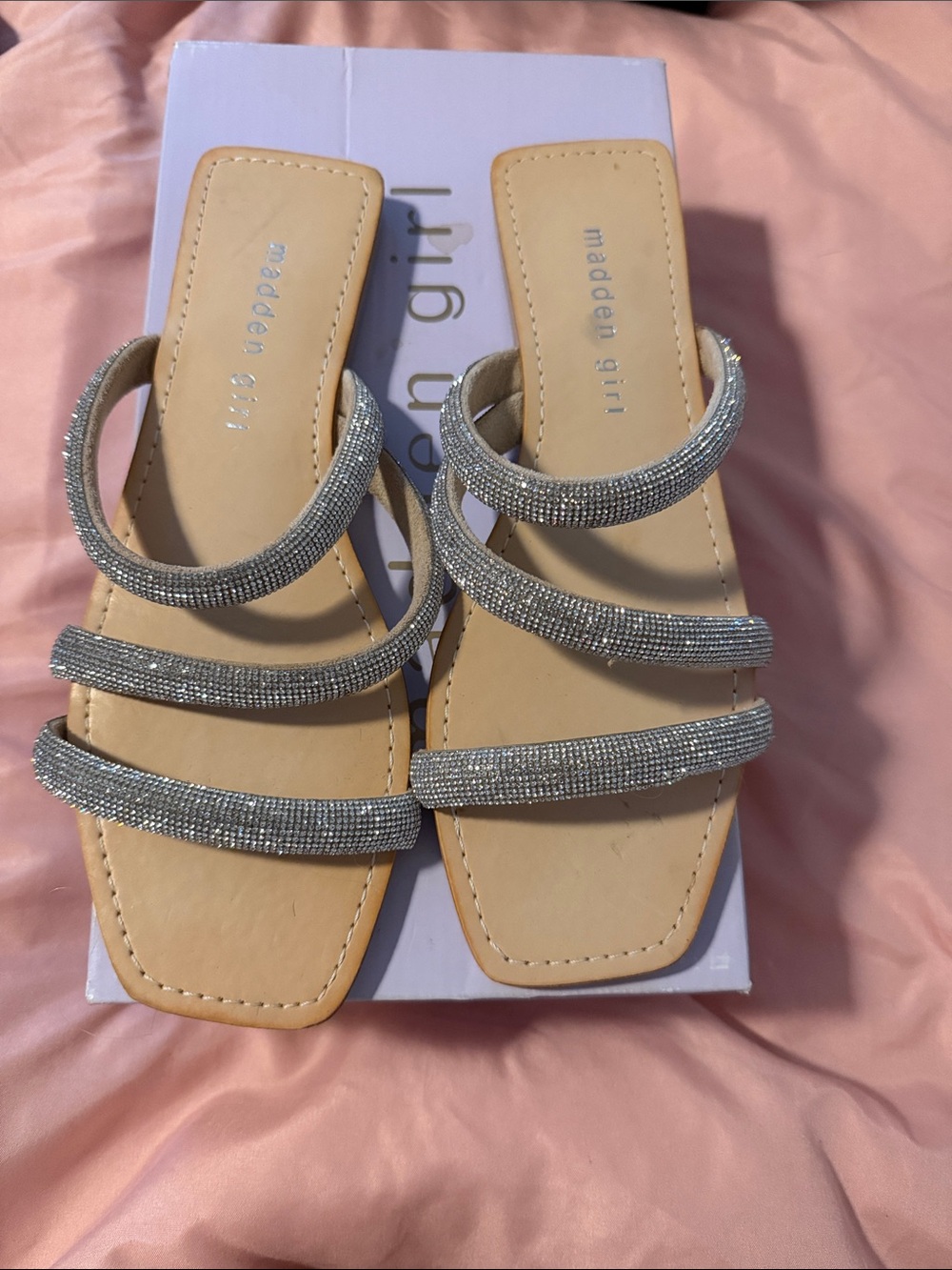 Madden Girl Silver Three-Strap Rhinestone Slide Sandals